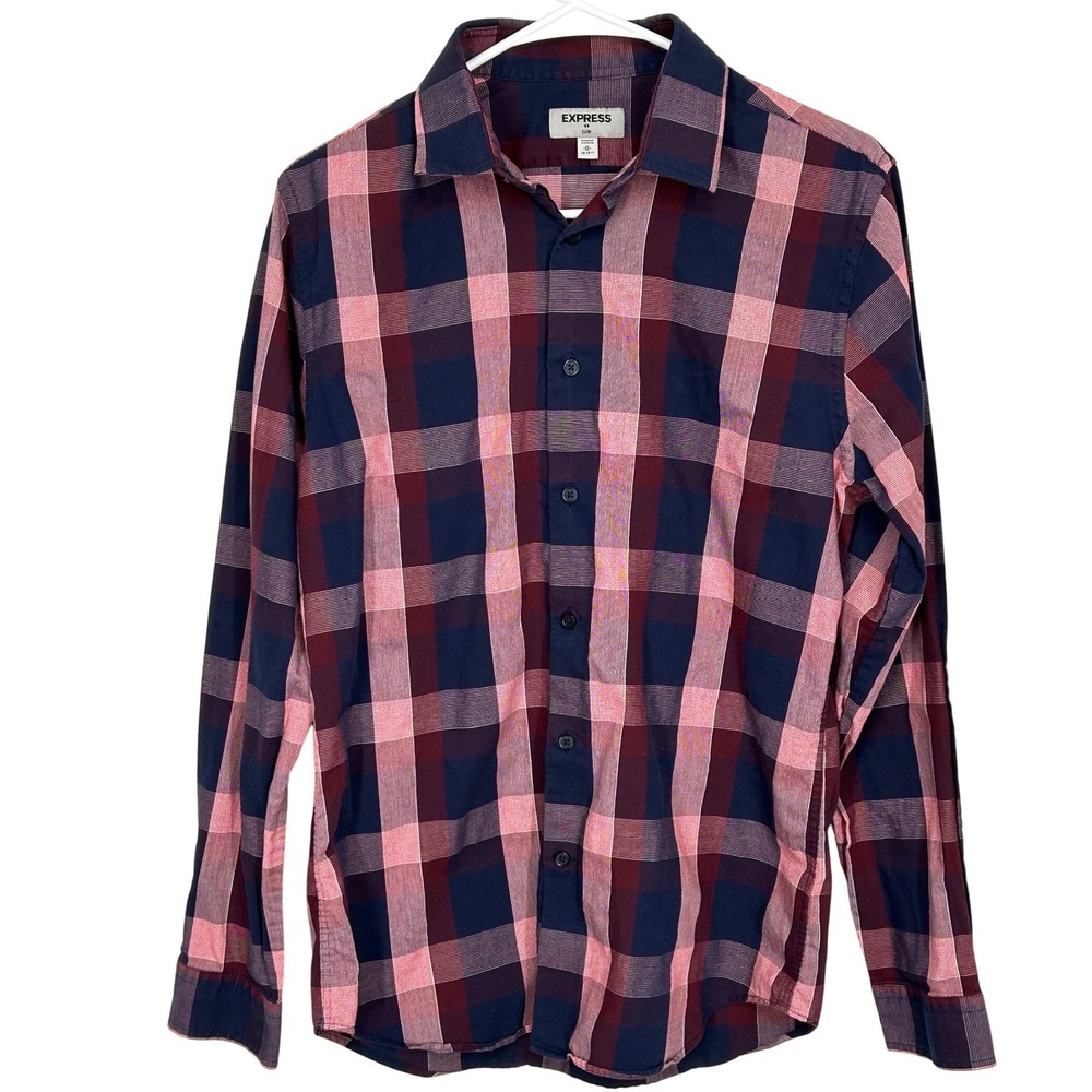 Express Slim Men's Button Up Shirt Stiff Collar Pink Blue Red Size Med 15-15 1/2